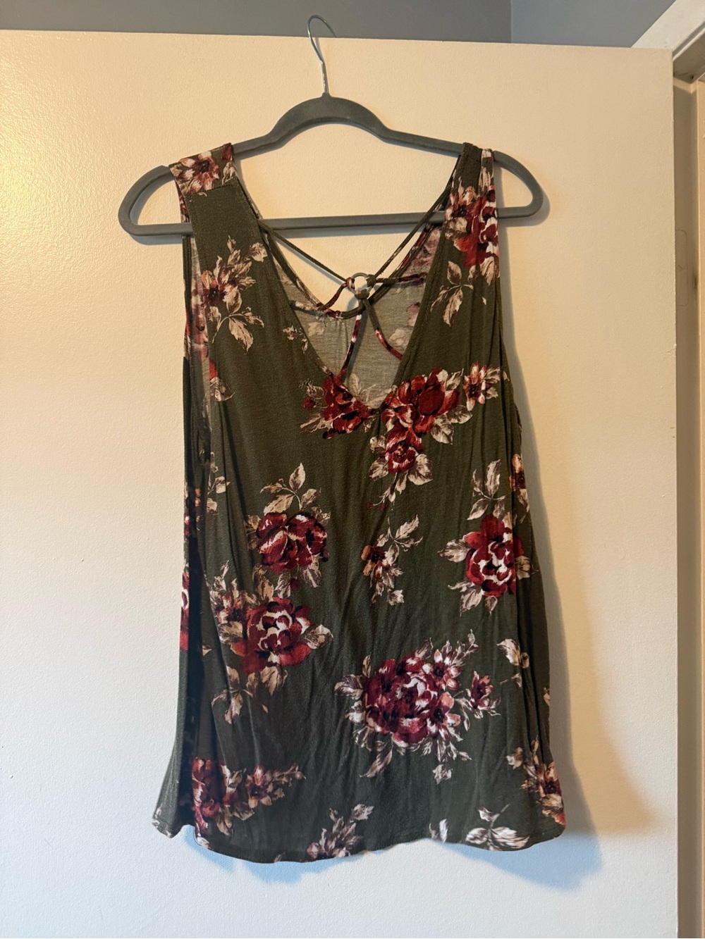 Papermoon Olive Green Floral Tank with Burgundy Rose Print - Picture 2 of 3